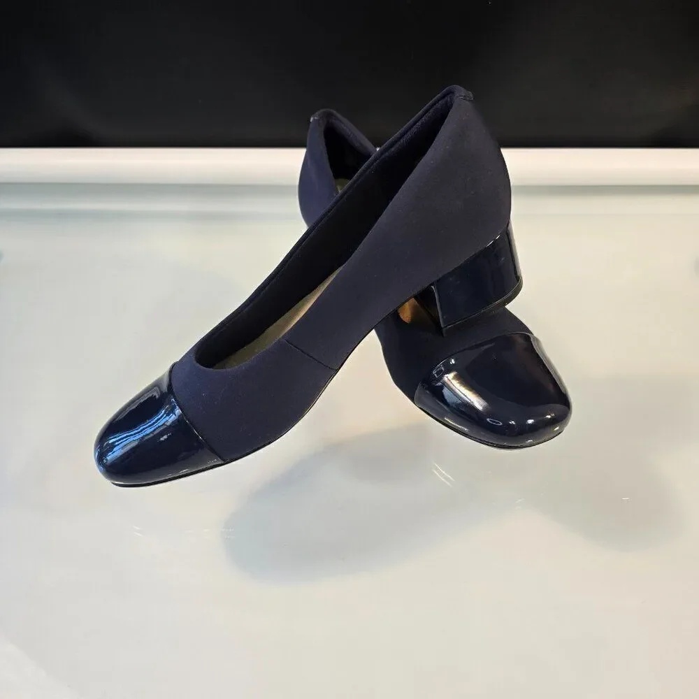 Clarks Marilyn Sara Blue Shoes Womens Sz 7.5 Fabric w Patent Leather Block Heels